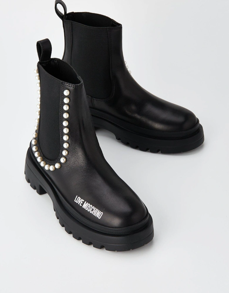 Chunky Pearl Ankle Boots - Black