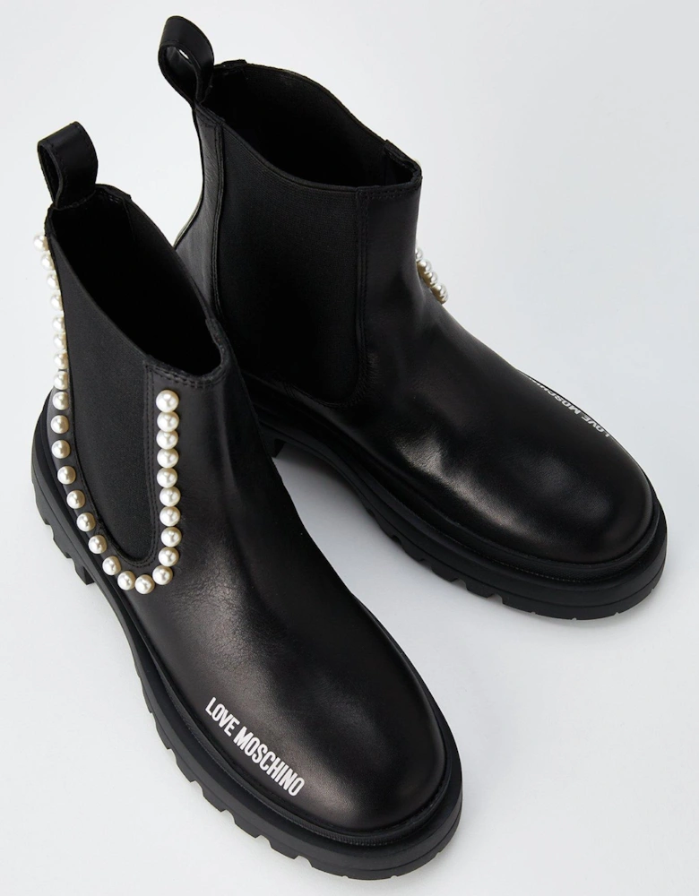 Chunky Pearl Ankle Boots - Black