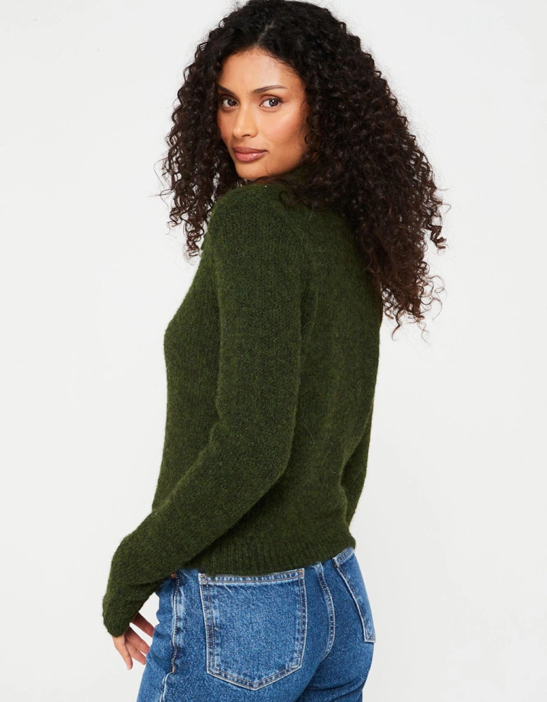 Knitted Collar Cardigan - Green