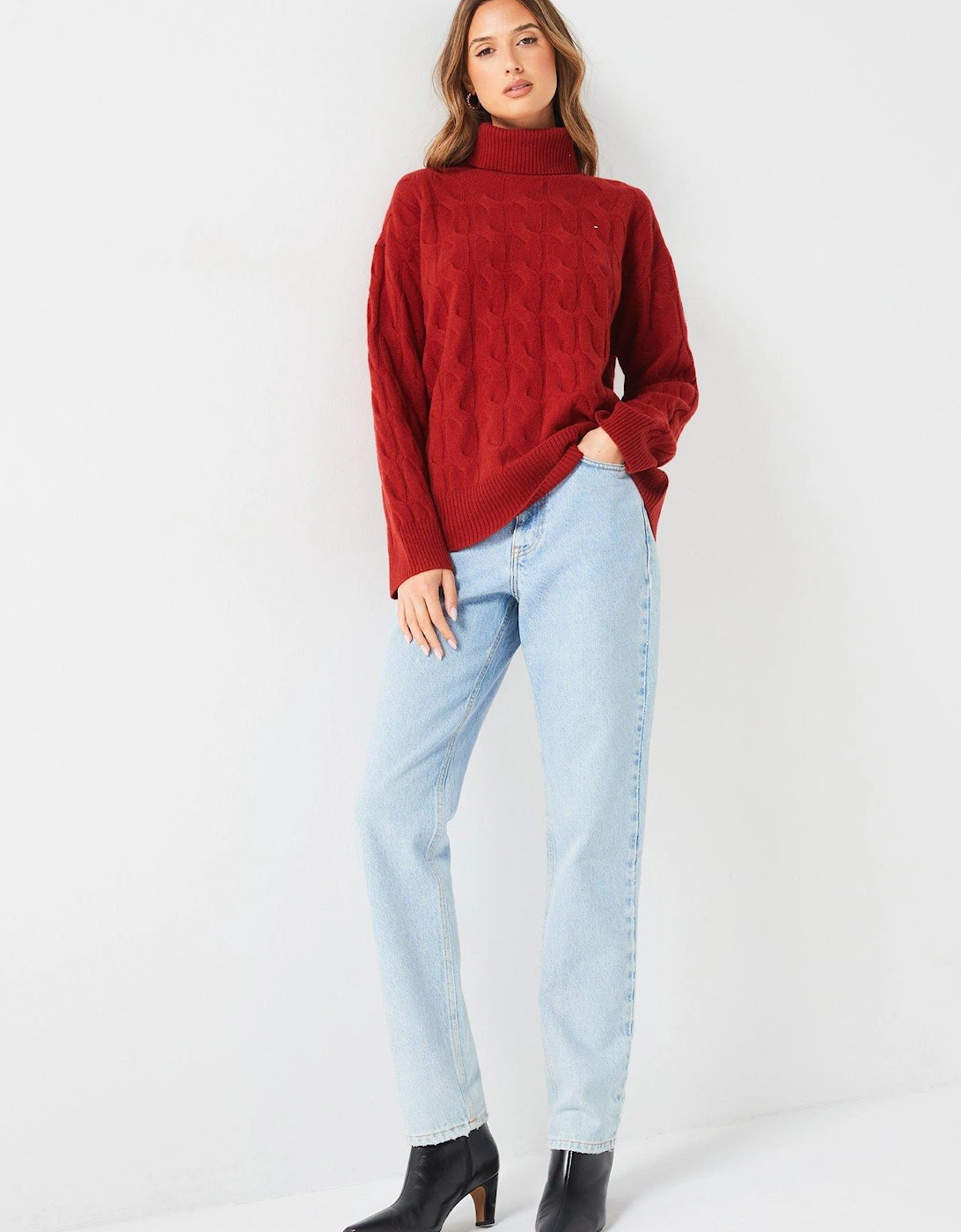 Soft Wool Cable Roll Neck Sweater - Red