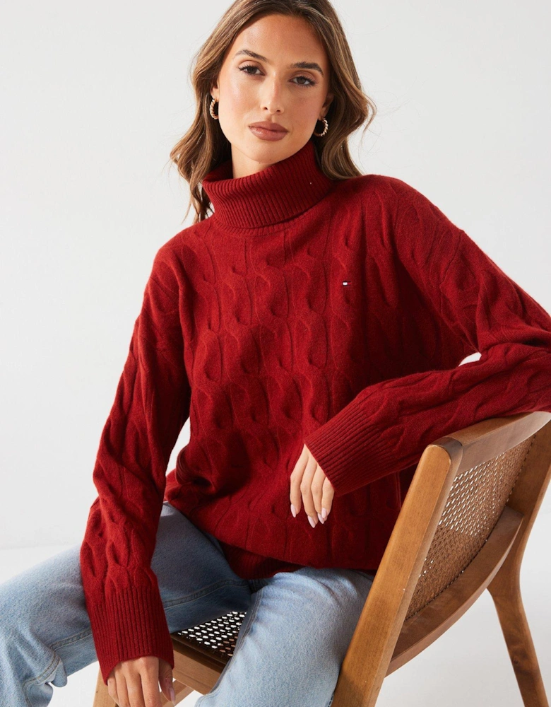 Soft Wool Cable Roll Neck Sweater - Red