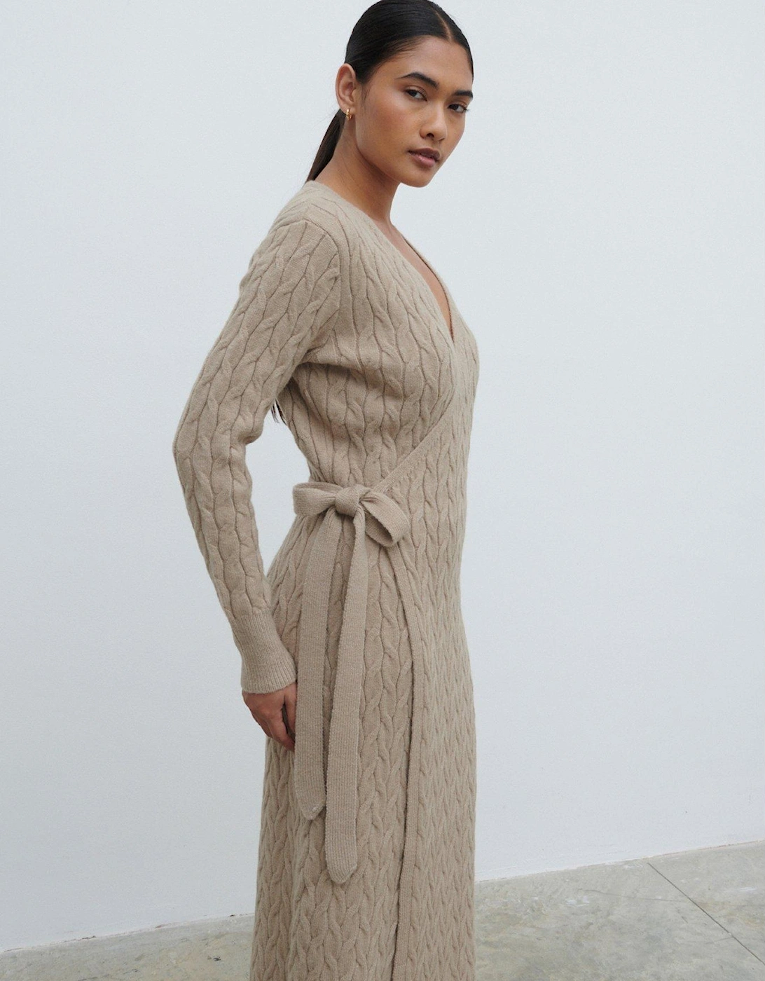 Marnie Cable Knit Wrap Midaxi Dress - Beige