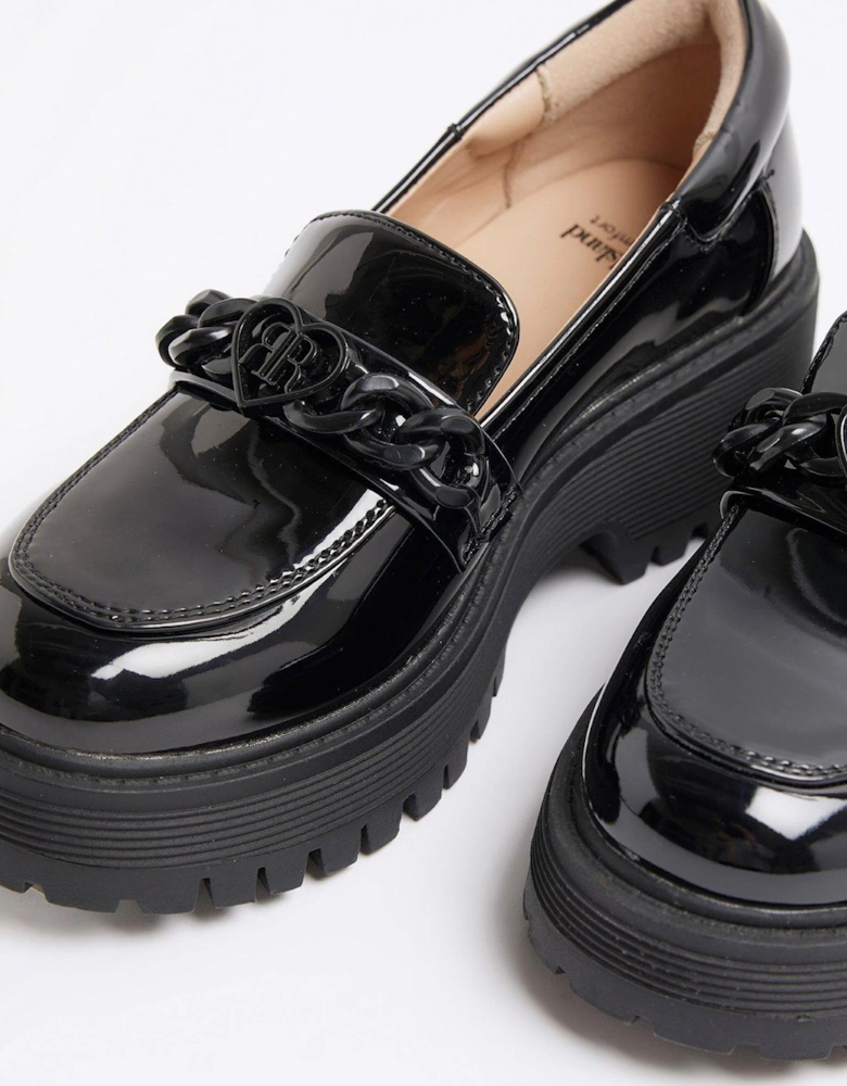 Girls Patent Chain Heeled Loafers - Black