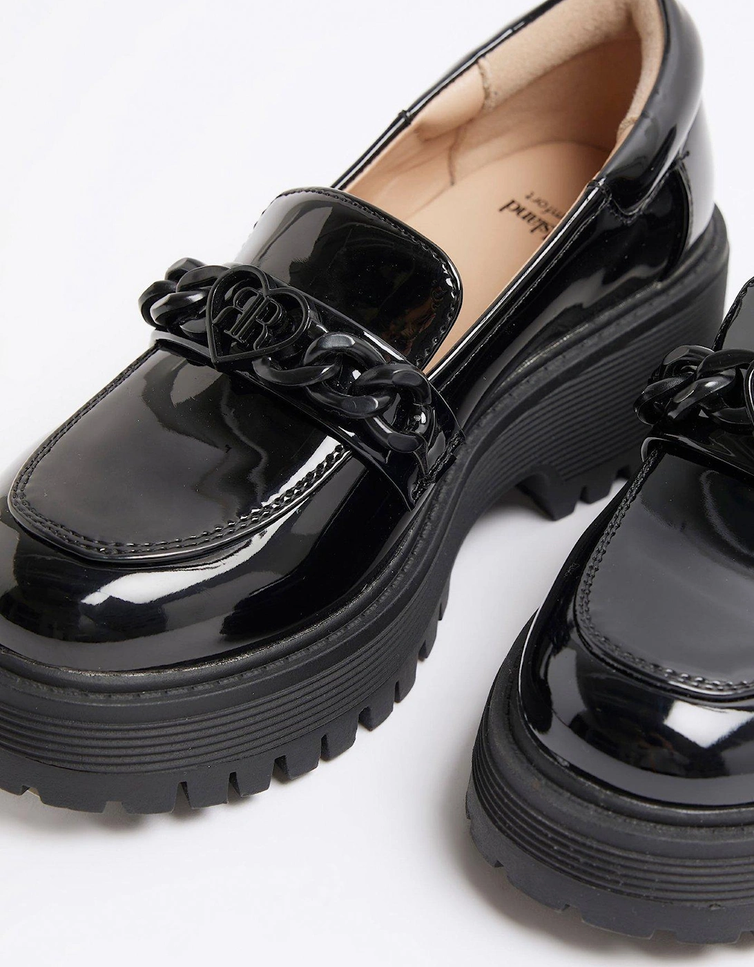 Girls Patent Chain Heeled Loafers - Black