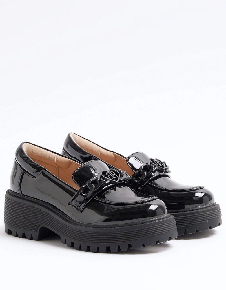 Girls Patent Chain Heeled Loafers - Black