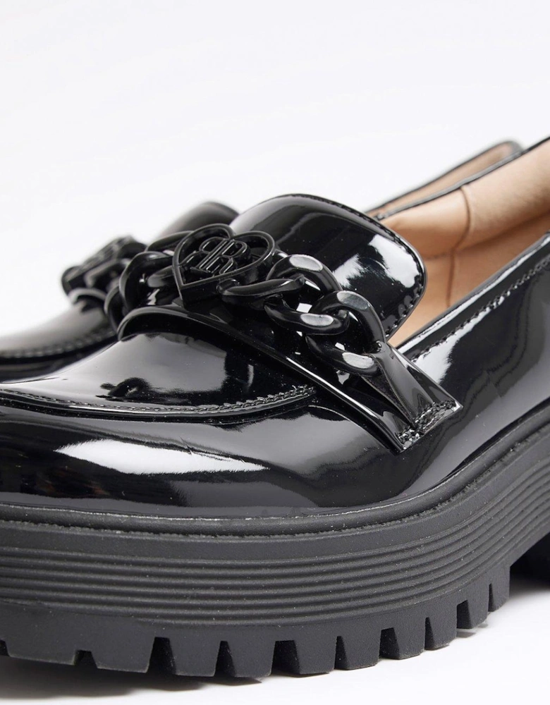 Girls Patent Chain Heeled Loafers - Black