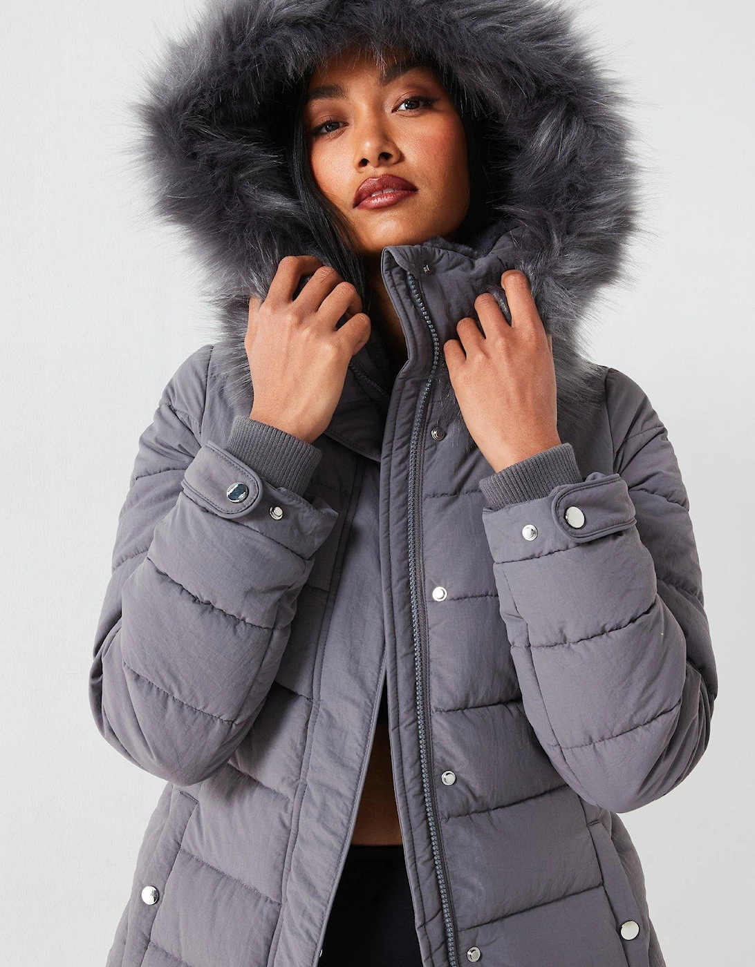 Padded Short Coat With Faux Fur Trim Hood - Grey