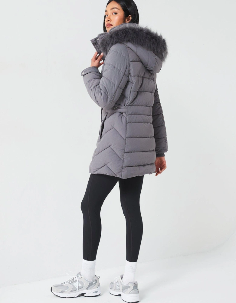 Padded Short Coat With Faux Fur Trim Hood - Grey