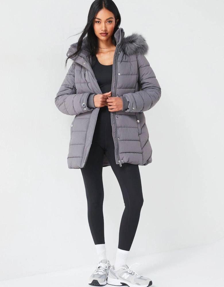 Padded Short Coat With Faux Fur Trim Hood - Grey