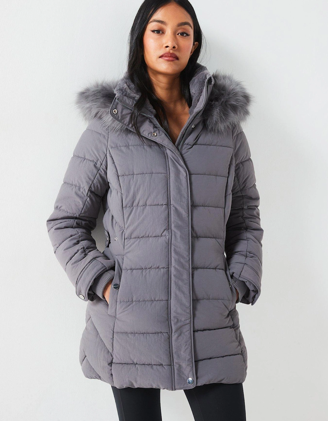 Padded Short Coat With Faux Fur Trim Hood - Grey