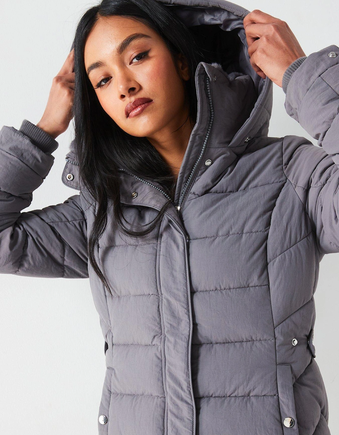 Padded Short Coat With Faux Fur Trim Hood - Grey