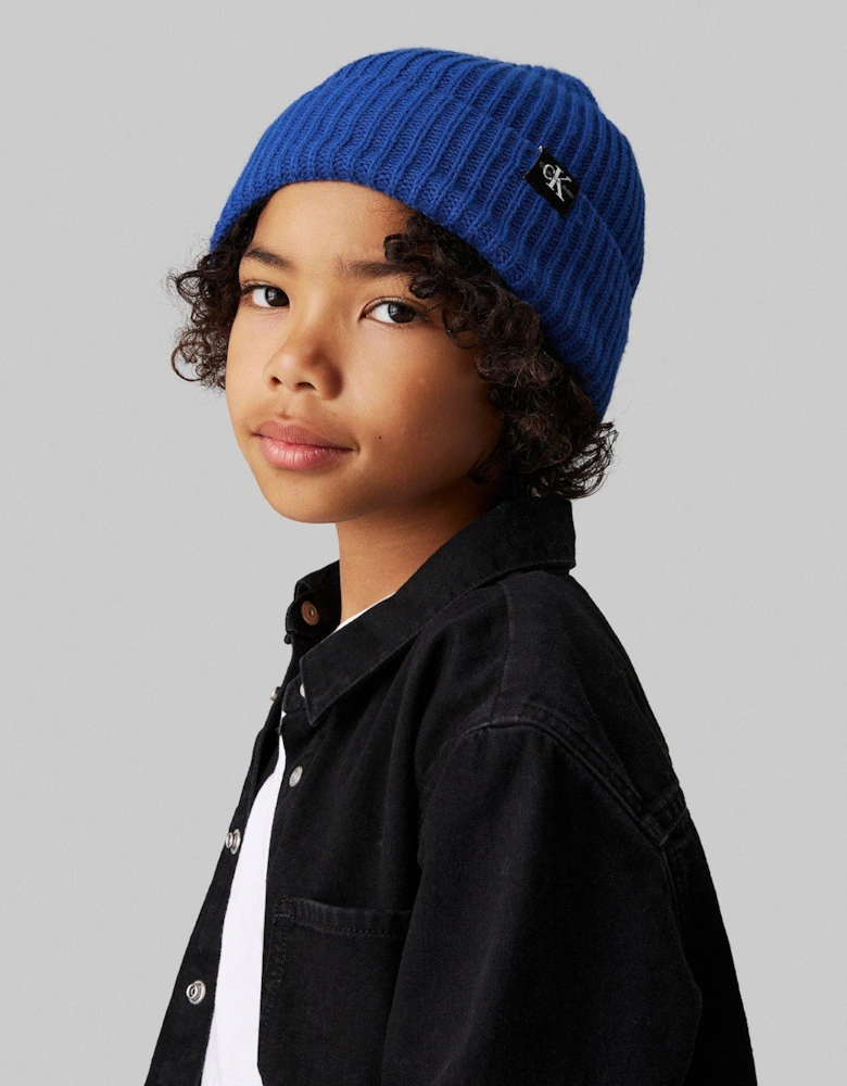 Kids Monogram Rib Beanie - Blue