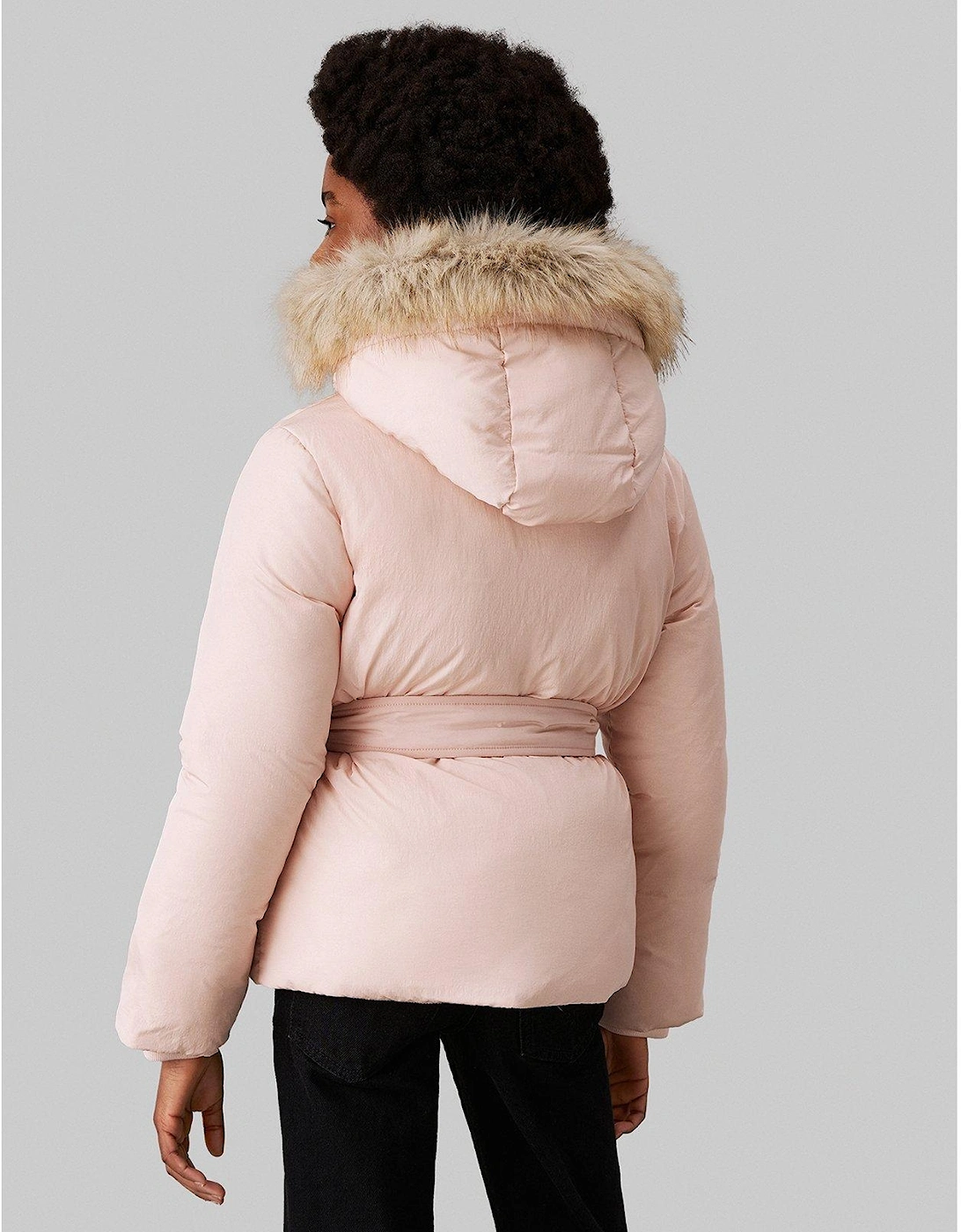 Girls Classic Belted Faux Fur Jacket - Light Pink