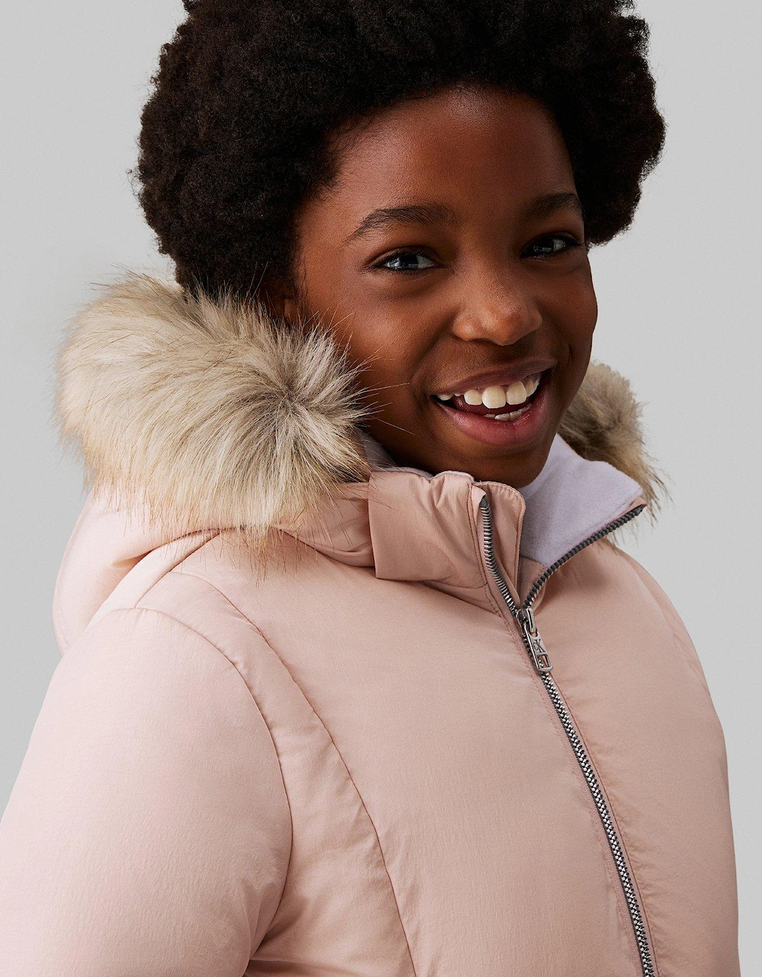 Girls Classic Belted Faux Fur Jacket - Light Pink