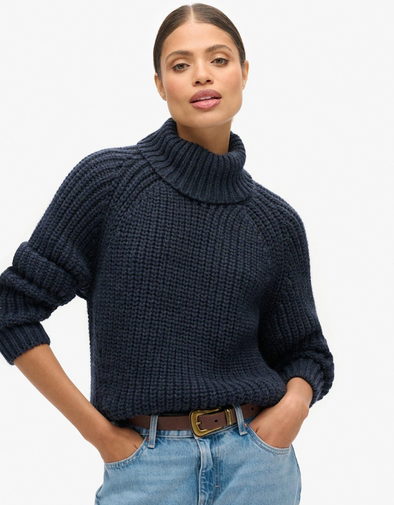 Slouchy Stitch Roll Neck Knit Jumper - Navy