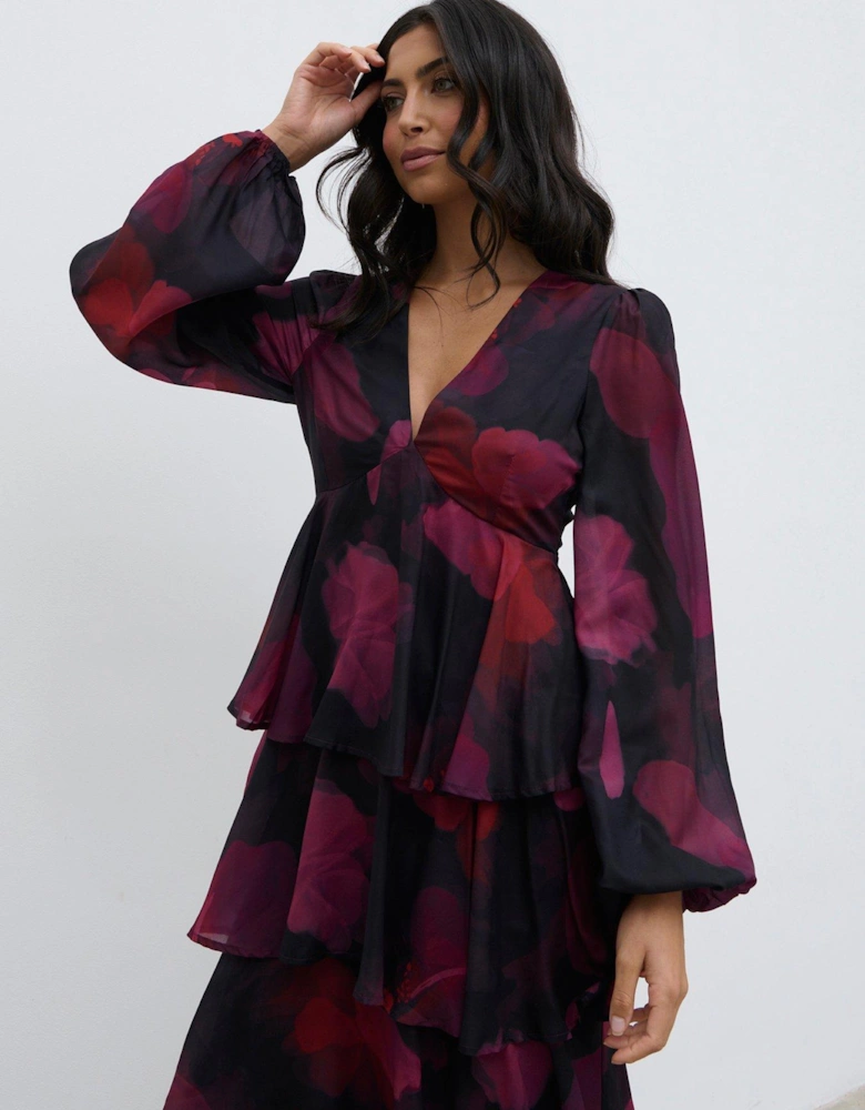 Ashton Ruffle Midaxi Dress - Dark Berry Floral - Multi