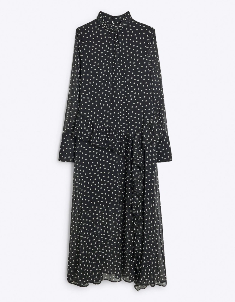 Spot Frill Midi Dress - Black