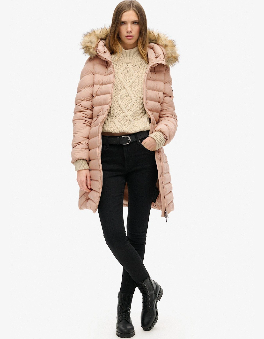 Fuji Faux Fur Hood Midi Length Jacket - Beige