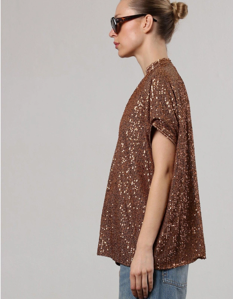 Metallic Oversized Tunic Blouse In Sequin - Brown