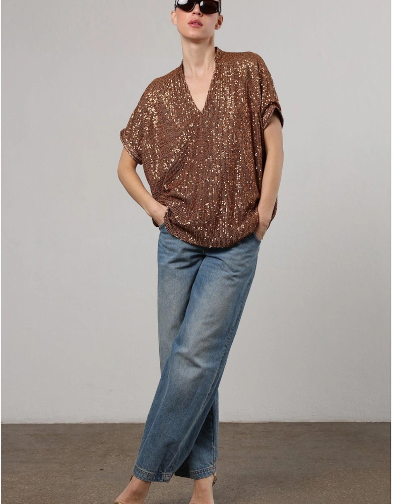 Metallic Oversized Tunic Blouse In Sequin - Brown