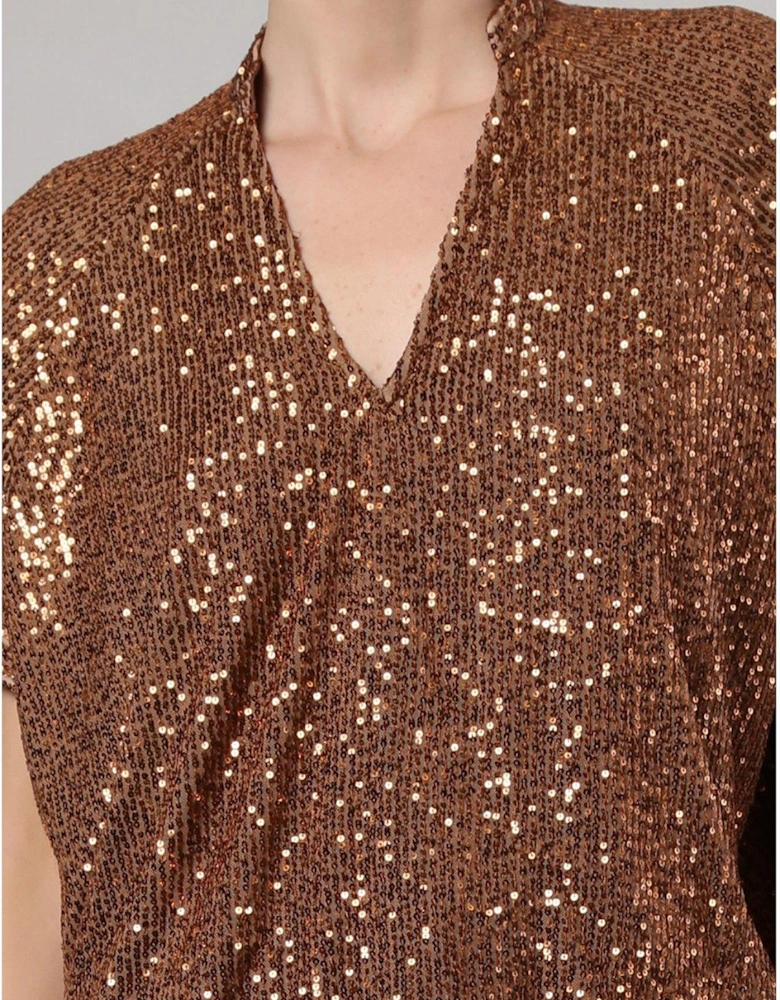 Metallic Oversized Tunic Blouse In Sequin - Brown