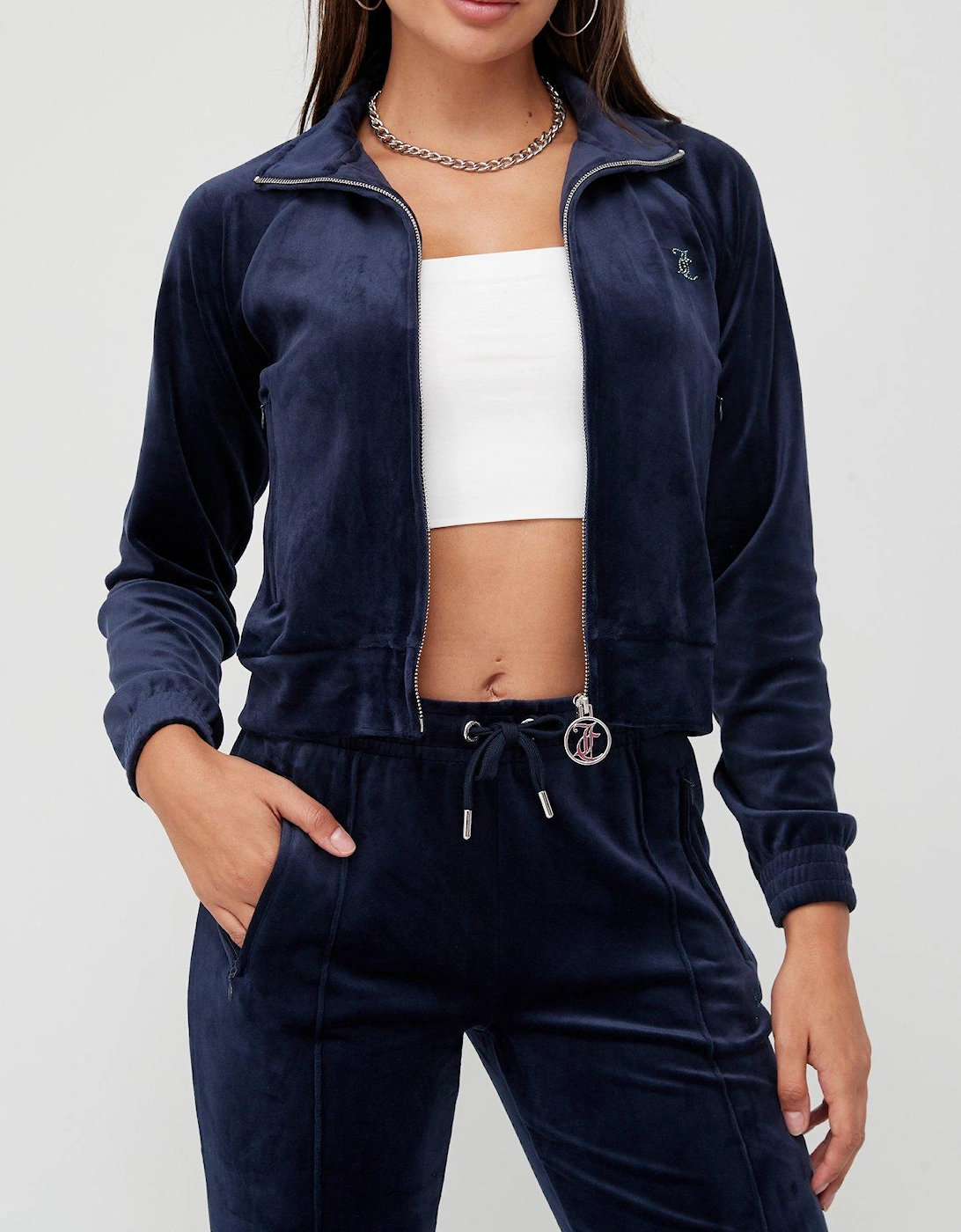 Diamante Back Logo Velour Track Top Jacket - Navy