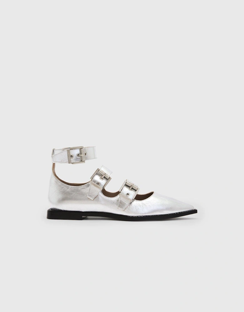 Susan Buckle Metallic Leather Shoes - Silver