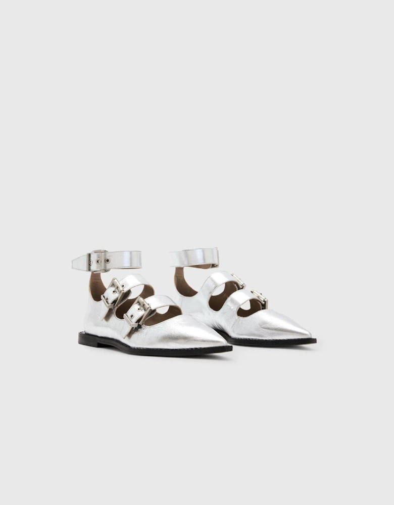 Susan Buckle Metallic Leather Shoes - Silver