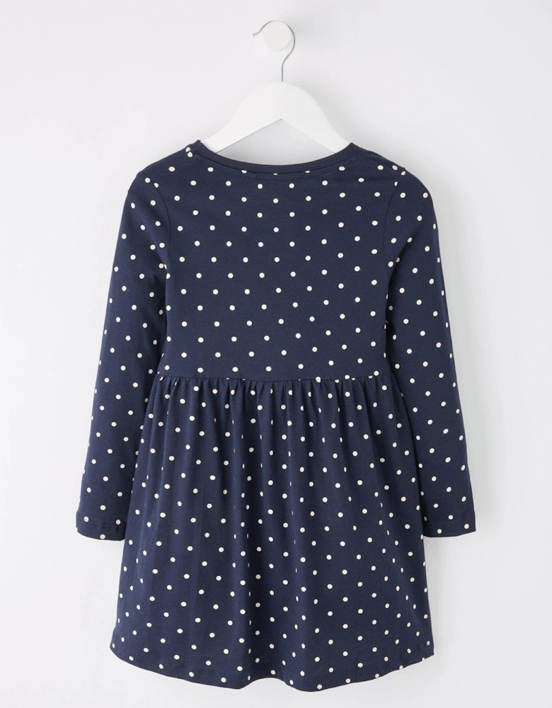 Mini Girls Spot Jersey Long Sleeve Dress - Dark Sapphire