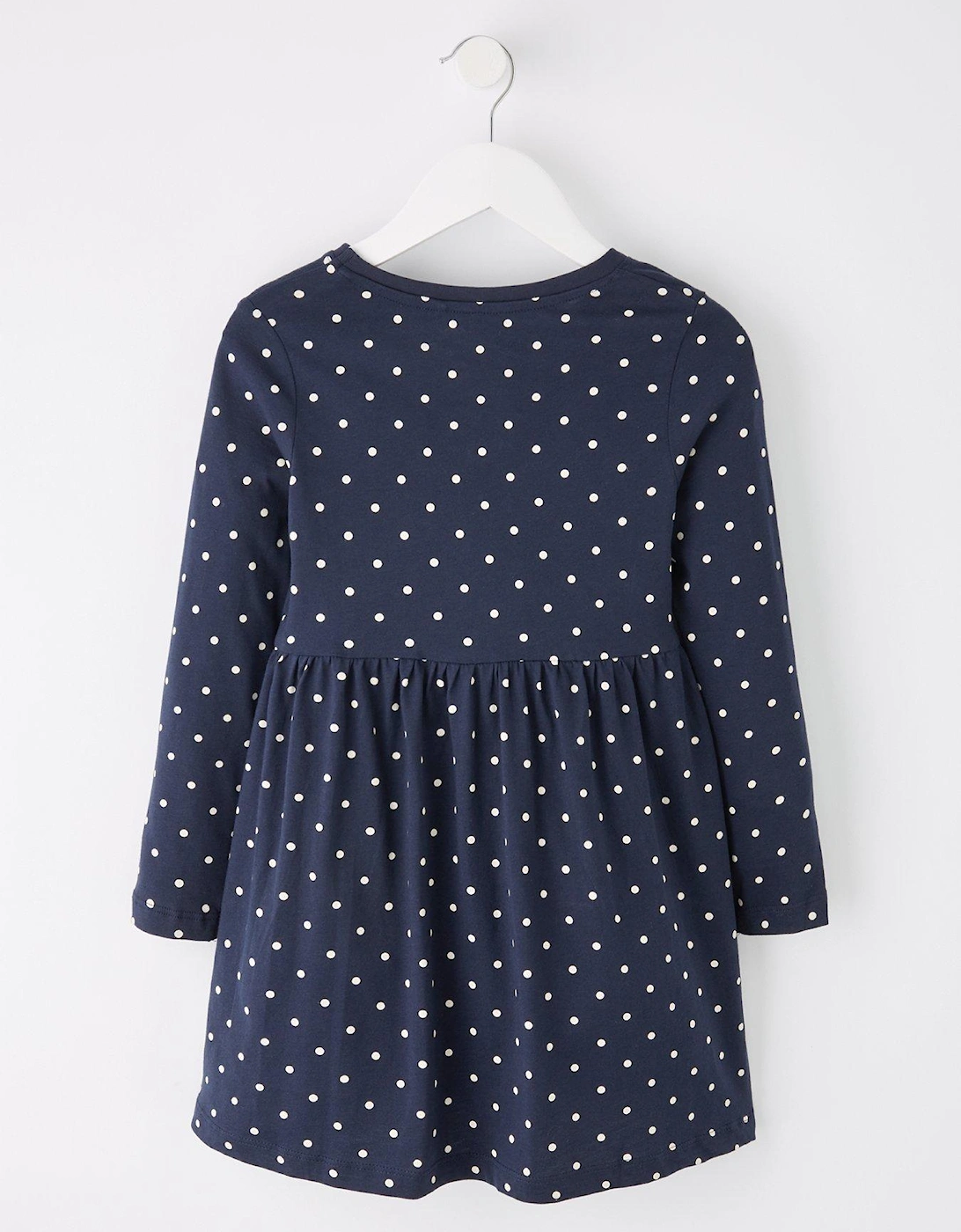 Mini Girls Spot Jersey Long Sleeve Dress - Dark Sapphire