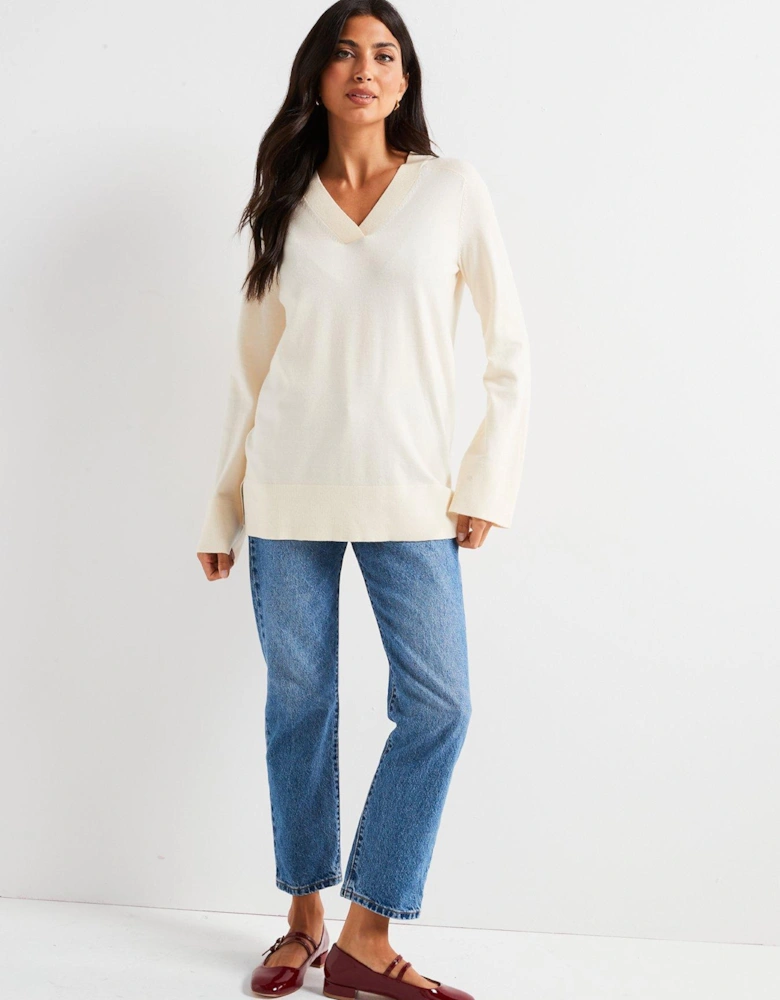 V Neck Longline Jumper - Light Beige