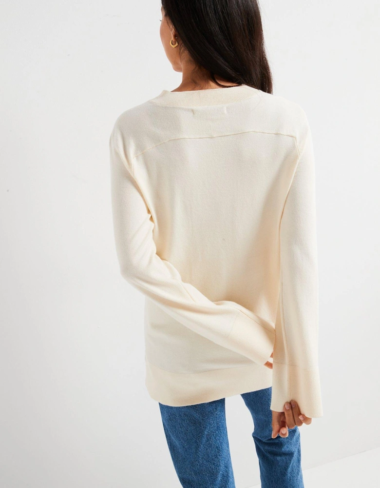 V Neck Longline Jumper - Light Beige