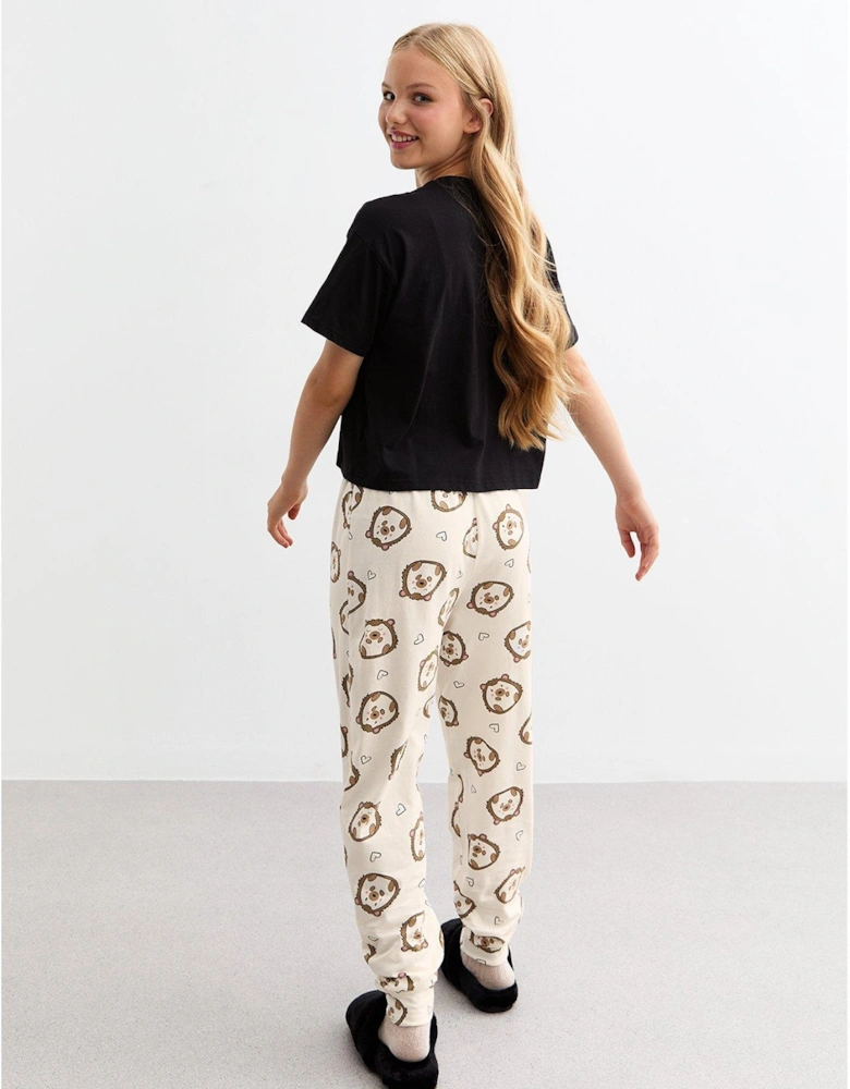 Girls Black Hedgehog Print Jersey Pyjama Set