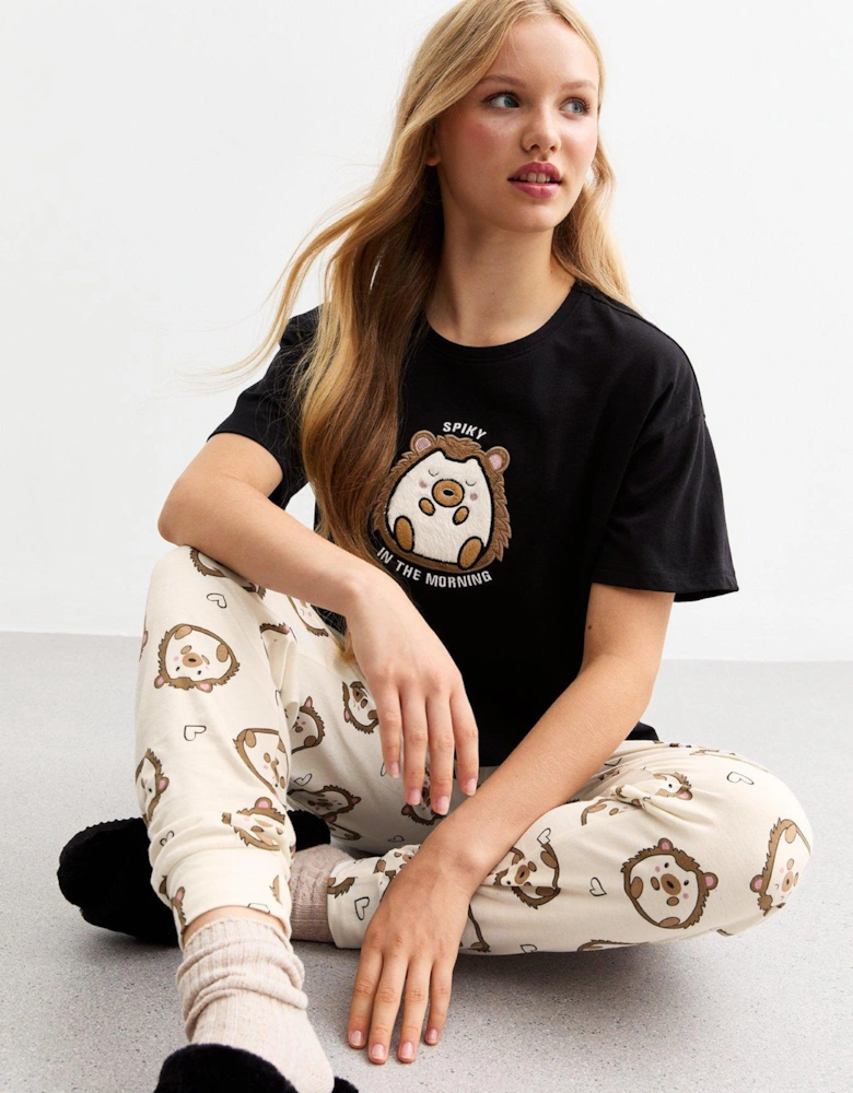 Girls Black Hedgehog Print Jersey Pyjama Set