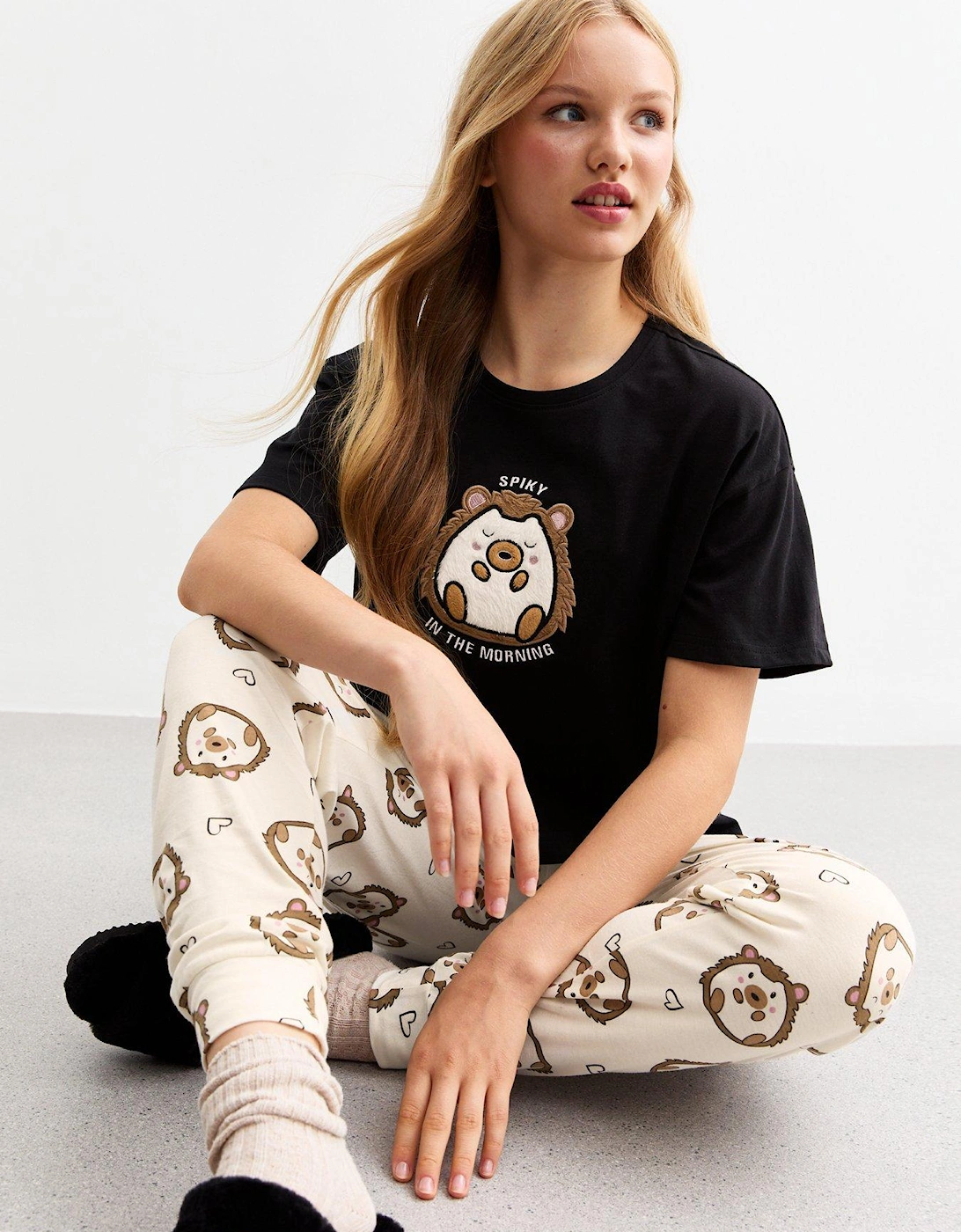 Girls Black Hedgehog Print Jersey Pyjama Set