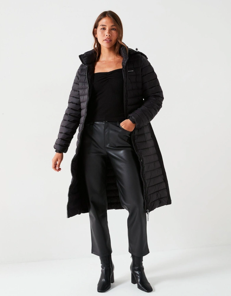 Lightweight Padded Belted Longline Coat - Black