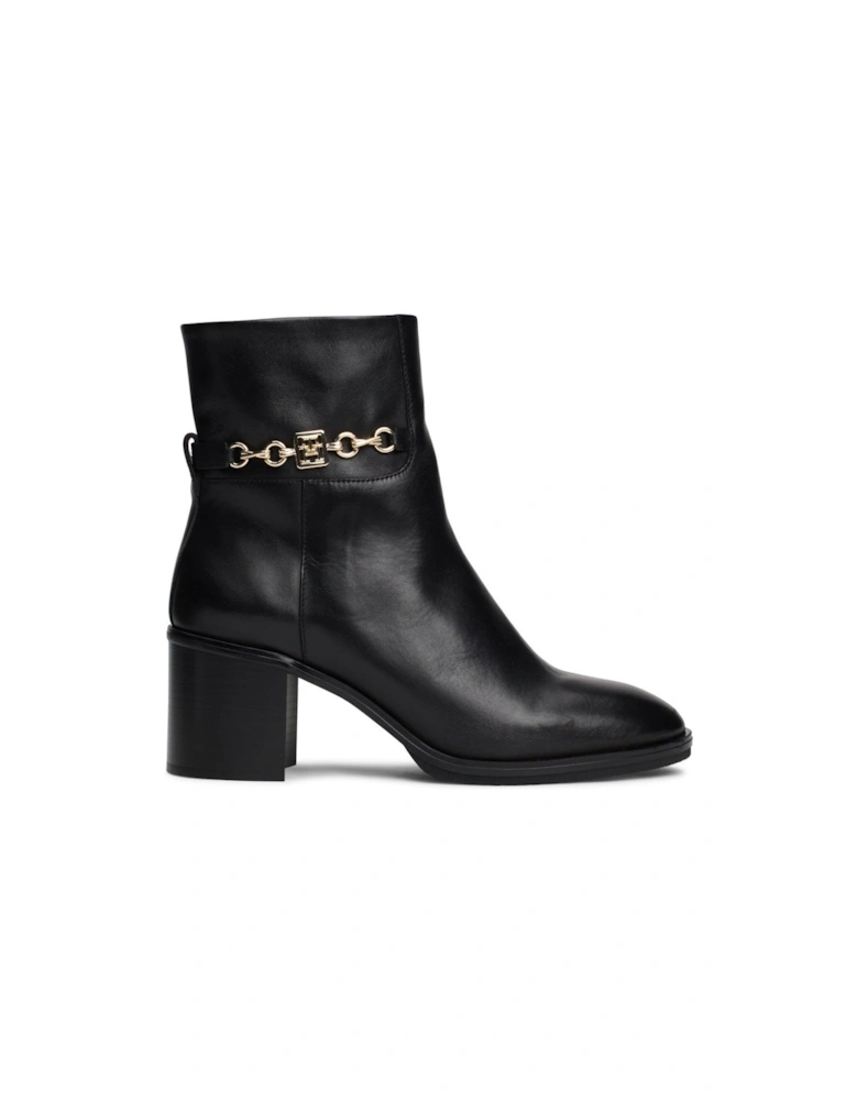 Chain Detail Leather Ankle Boots - Black