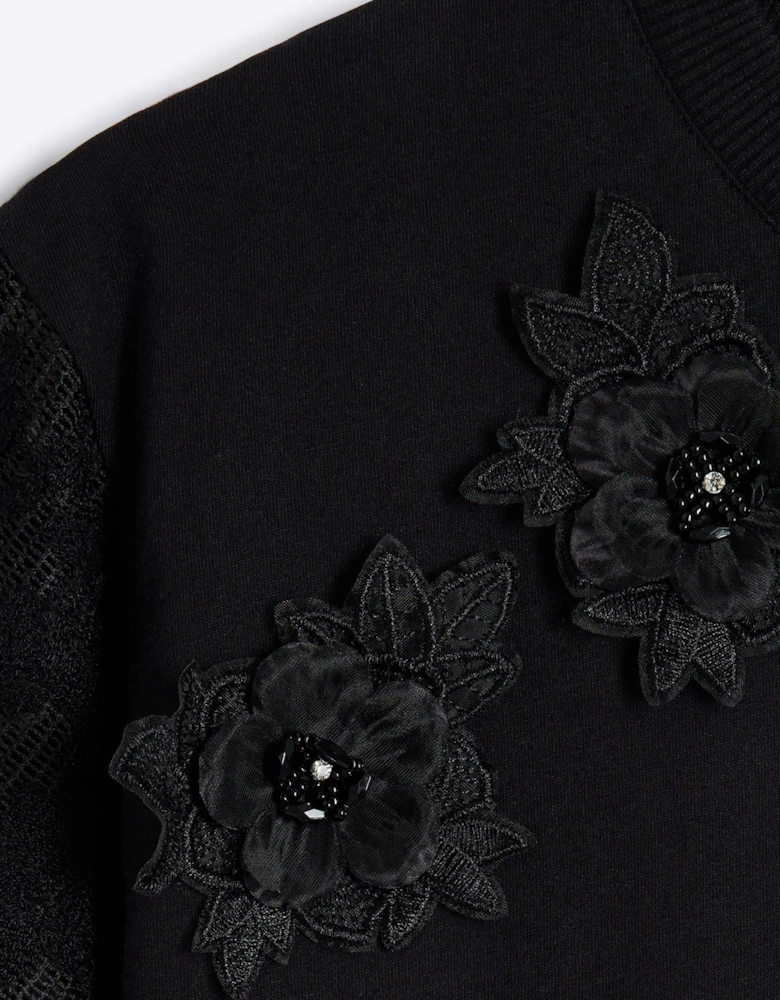 Floral Lace Sleeve Top - Black