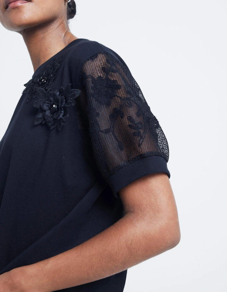 Floral Lace Sleeve Top - Black