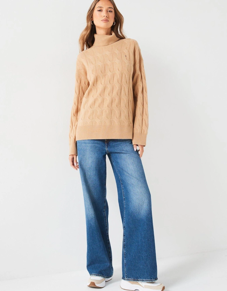 Soft Wool Cable Roll Neck Sweater - Beige