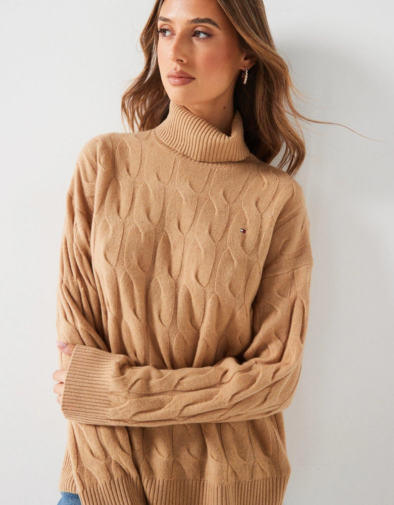 Soft Wool Cable Roll Neck Sweater - Beige