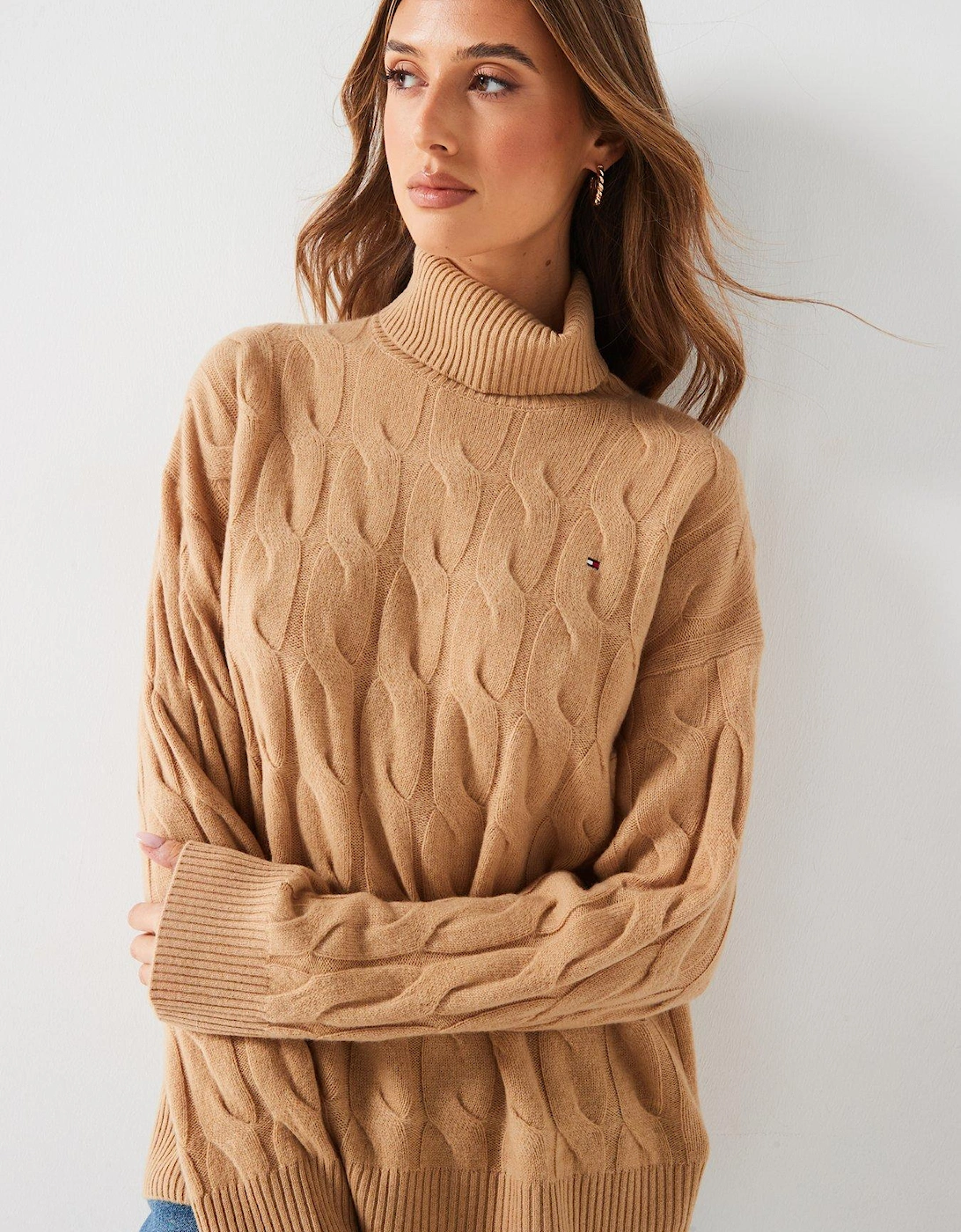 Soft Wool Cable Roll Neck Sweater - Beige