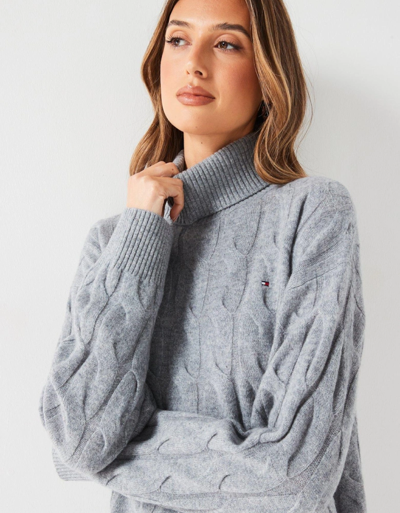 Soft Wool Cable Roll Neck Sweater - Grey