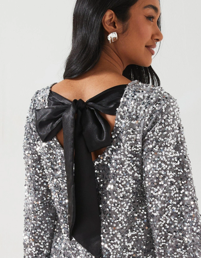 Sequin Long Sleeve Bow Detail Mini Dress - Silver