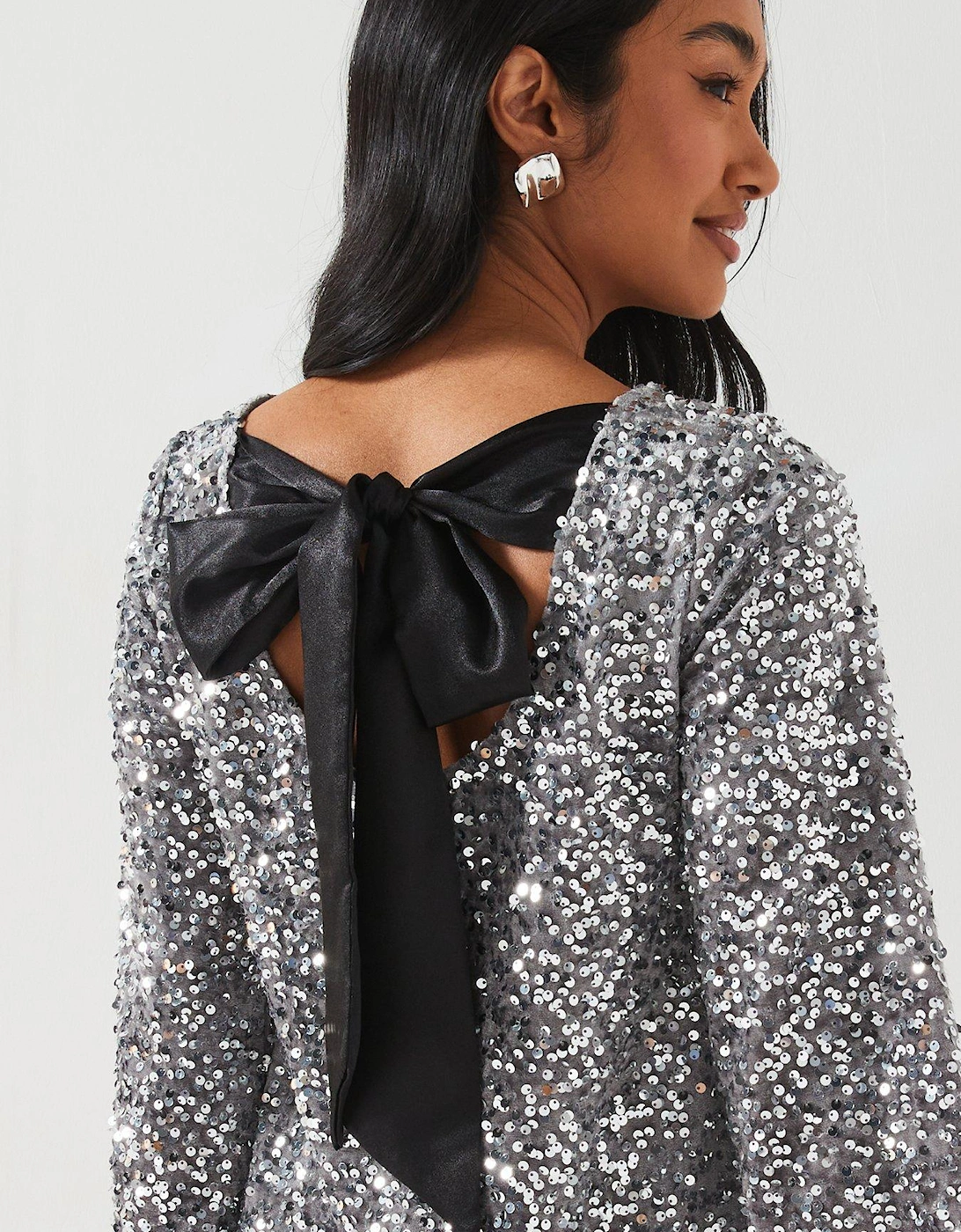 Sequin Long Sleeve Bow Detail Mini Dress - Silver