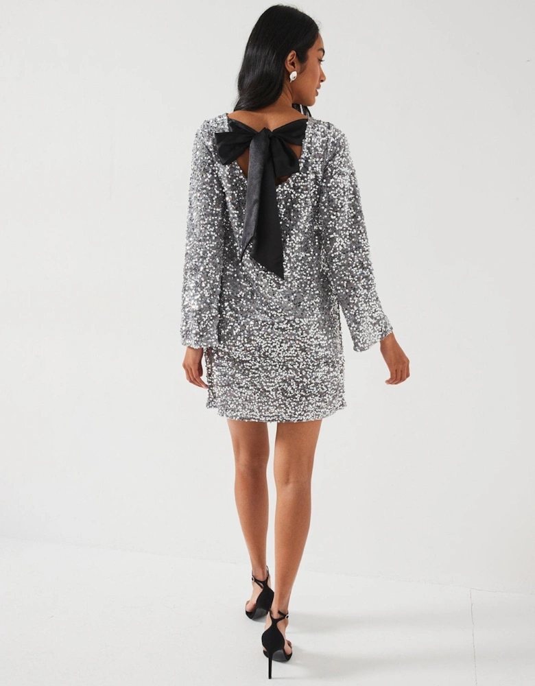 Sequin Long Sleeve Bow Detail Mini Dress - Silver