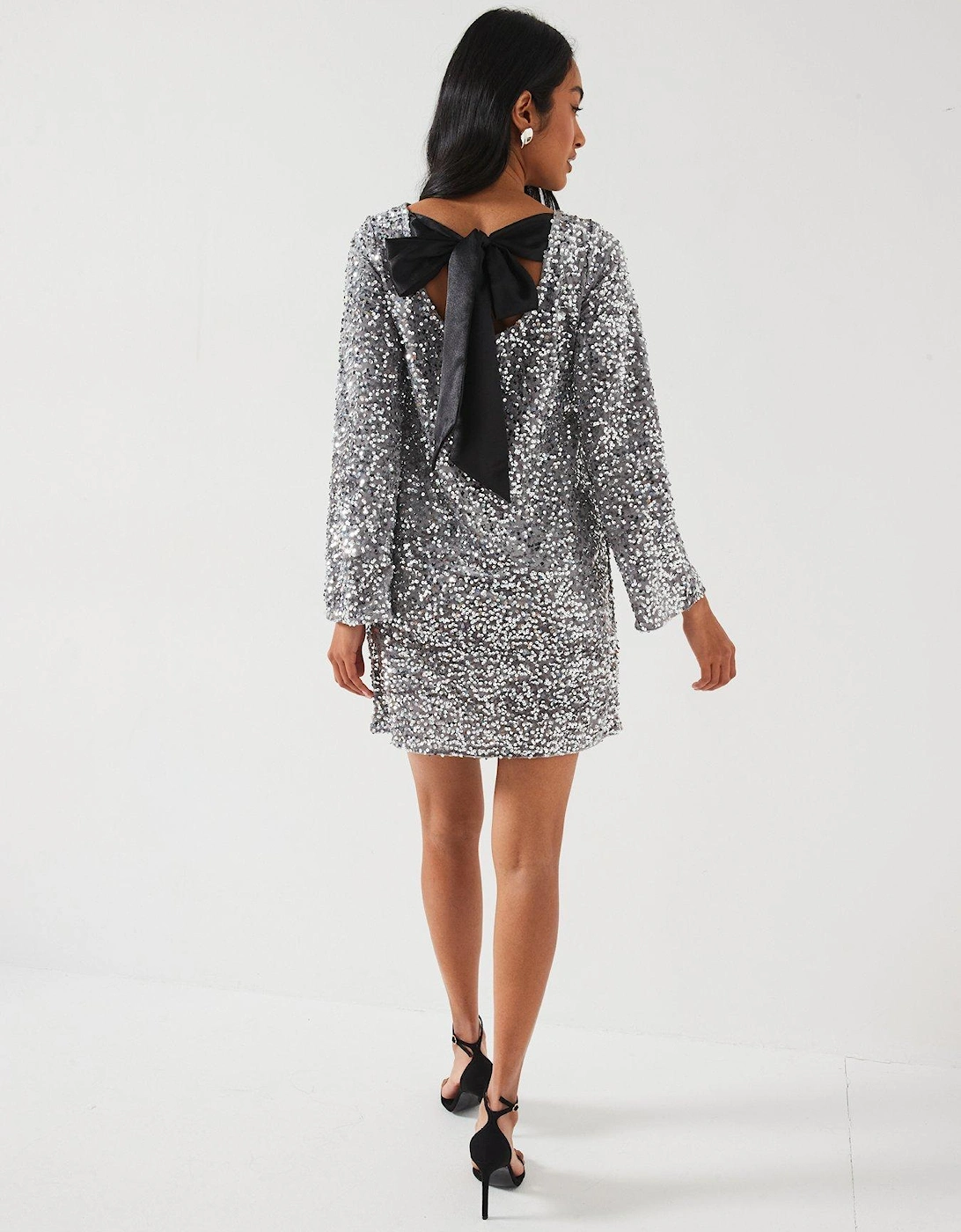 Sequin Long Sleeve Bow Detail Mini Dress - Silver