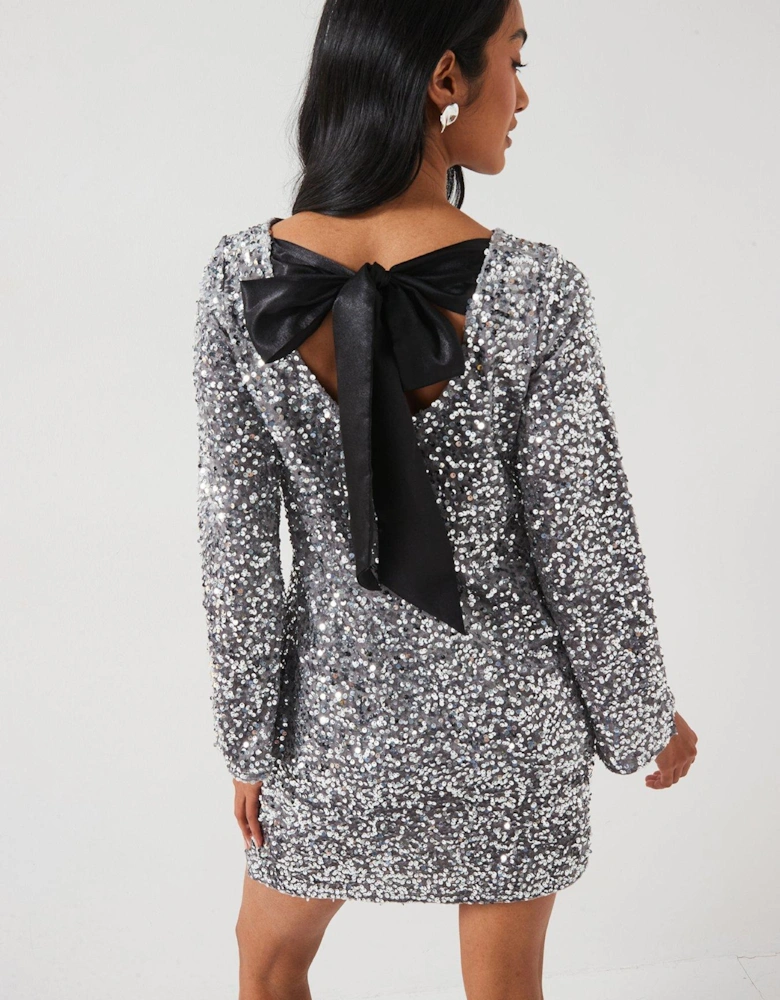 Sequin Long Sleeve Bow Detail Mini Dress - Silver