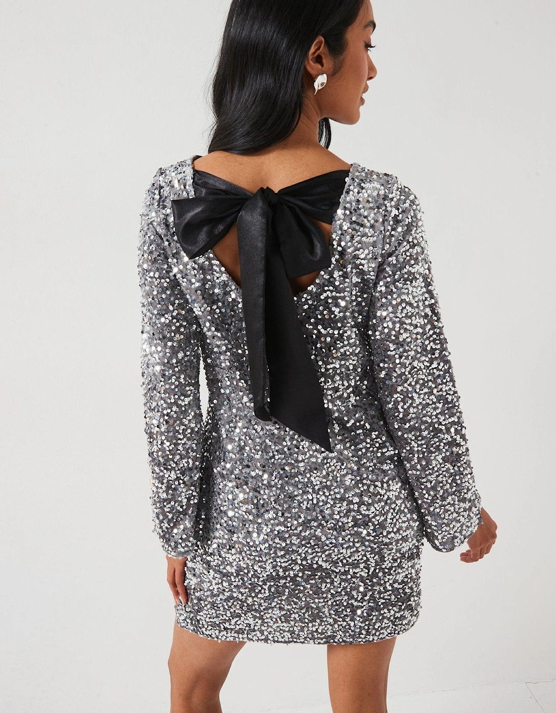 Sequin Long Sleeve Bow Detail Mini Dress - Silver