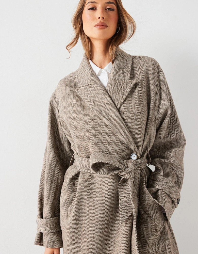 Wool Herringbone Duster Coat - Beige